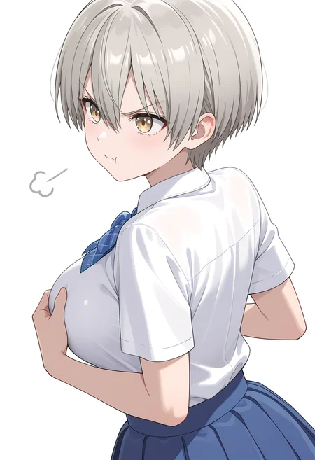 Smooth Quality,masterpiece,beautiful aesthetic, very intricate, high quality details, ultra realistic, high detailed skin,
simple background, white background,
from behind,:t,holding own breasts, dressing, skin tight, angry, holding own breasts,
<lora:Uzaki_Hanacnn:0.7> usakihana/cnn, 1girl, grey hair, hair between eyes, fang,shirt, large breasts,blue skirt,short hair,