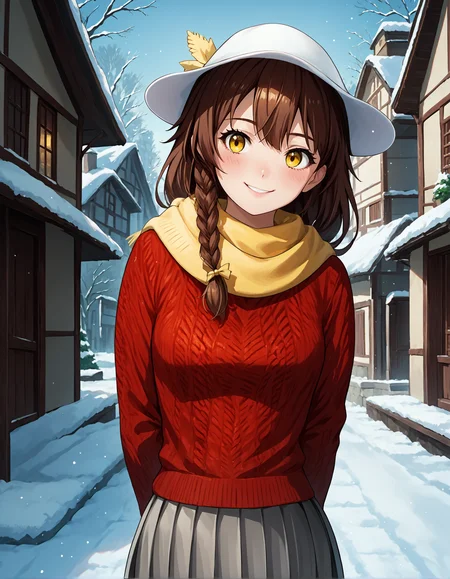 score_9, score_8_up, source_anime, 1girl, upper body, medium shot, detailed, blyulia, brown hair, side braid, yellow eyes, white hat, yellow scarf, red sweater, grey pleated skirt, yellow hairpin, hands behind back, light smile, blush, outdoors, village, winter snow, <lora:blyulia_XL:0.9>