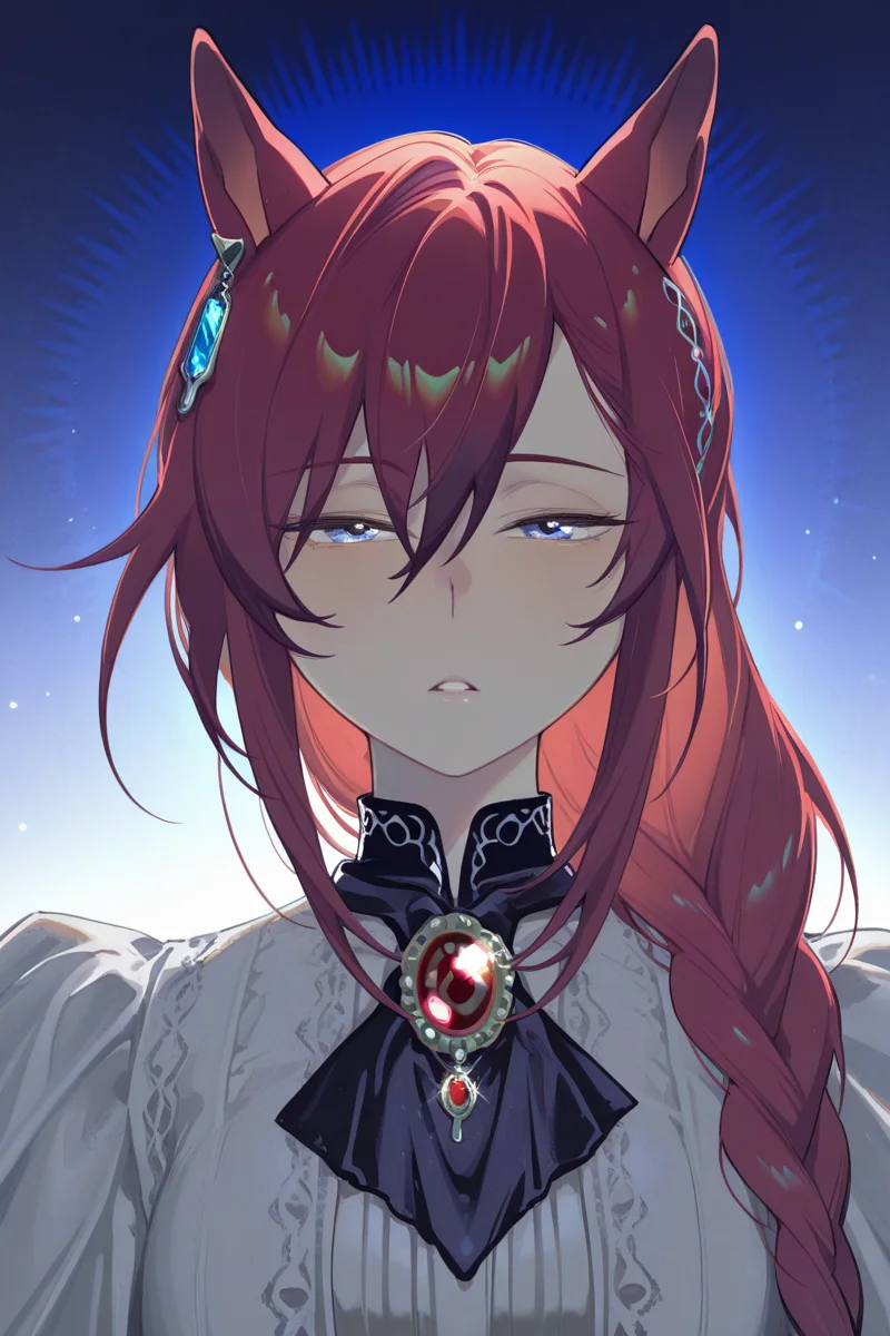 masterpiece, best quality, amazing quality,
<lora:LLAM_IL:1> llam, 1girl, solo, animal ears, long hair, horse ears, braid, looking at viewer, hair between eyes, jewelry, upper body, half-closed eyes, bangs, parted lips, red hair, brooch, horse girl