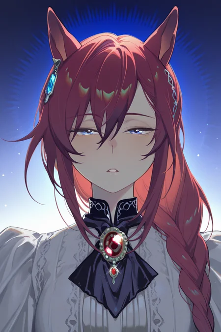 masterpiece, best quality, amazing quality,
<lora:LLAM_IL:1> llam, 1girl, solo, animal ears, long hair, horse ears, braid, looking at viewer, hair between eyes, jewelry, upper body, half-closed eyes, bangs, parted lips, red hair, brooch, horse girl