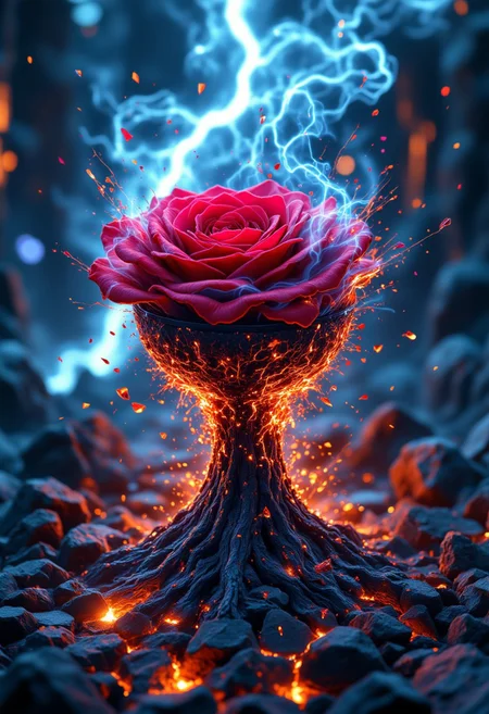 solarpunk aesthetic a maelstrom of shattered glass and smoldering embers, as a chalice of swirling, iridescent fog erupts from the heart of a withering, crimson tinged rose, its tender petals rent asunder by an unseen force, while flashes of electric blue lightning illuminate the surrounding void in a chaotic dance of primal, unbridled energy. . eco friendly, futuristic, optimistic, highly detailed
aidmamj6.1, aidmafluxpro1.1