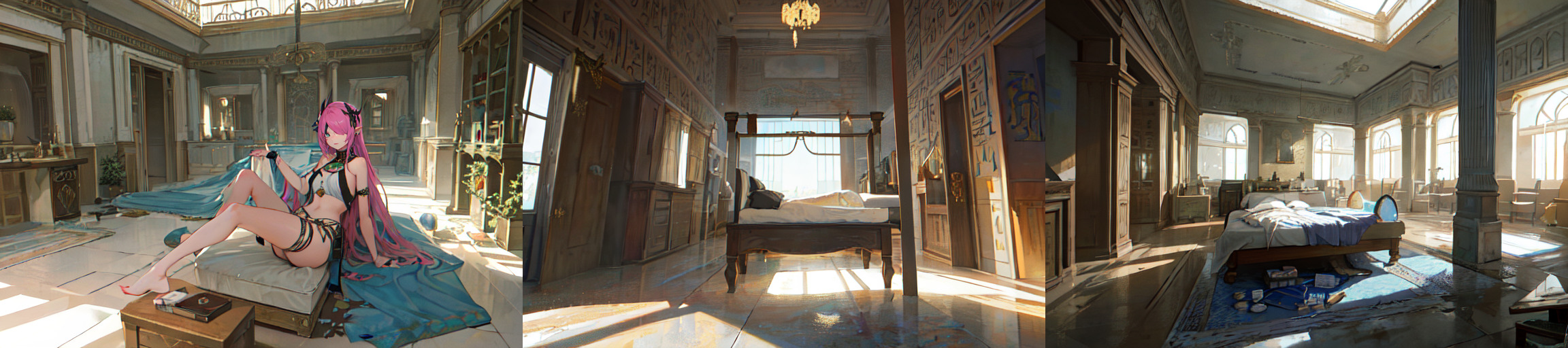 (otherworldly, otherworldly atmosphere, otherworldly appearance), highly insanely detailed, masterpiece, top quality, best quality, highres, 4k, 8k, RAW photo, ((ancient egyptian theme:1.2)), Hong Kong structure, structure, 
(mystical theme), mystical gatmosphere, arcane sanctuaries, otherwordly aura, 
(long_hair, long hair, random colors hair, glowing hair, hair over one eye, long messy hair), 
(eyelashes, eyeliner, eyeshadow, eyelashes, long eyelashes), 
collar, earrings, jewelry, necklace, armlet, 
tentacle, (underwater), nsfw, 
Homestay, Resort, (Guest House:1.1), 
building, structure, swirling energy, 
action pose, 
drunk, 
high-heels, 
reflection, reflective floor, 
shawl, 
abandoned building, shopping mall, overgrown with vegetation, [volumetric fog], cinematic lighting, colorful, colourful, 
belly bottom, erotic lingerie, 
((dune)), steep, sandhills, 
HDR, ((photorealistic)), professional light, cinematic lighting, fashion photography, ambient lighting, face lighting, <lora:detail_slider_v4:1>, Fantasy picture, OverallDetail, ancient roman room with a statue and candles in it and a bed in the middle of the room with a blue blanket on it and a blue blanket on the floor, RomInt, <lora:RomanInterior-10:1>, epiCPhoto, (fantasy world)