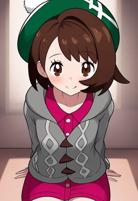 gloria \(pokemon\), hat, cardigan, sitting,  <lora:plasticnovel-sdxl-pd6:1>