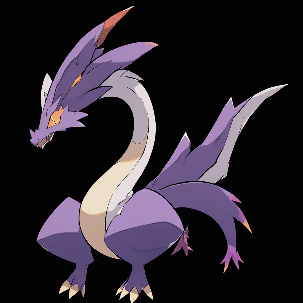 <lora:pokemon_pony_xl:1>, watercolor creature art like pokemon, Type: Dragon, Type: Ghost, Egg Group: Not obtainable, is a pokemon creature that The creature's laugh produces Purple bubbles that pop with tiny sparks a delightful yet unexpected defense mechanism,Its fur is interwoven with Copper threads of silk giving it a luxurious texture and unparalleled Poison strength,It has a Purple tuft of fur on its tail that it uses to signal others in a complex language of gestures,It is a keeper of secrets, guarding the ancient lore of the Imp with a vigilance that never wanes,Its roar can cause the air to shimmer with a Gray wave distorting the space around it momentarily score_9, score_8_up, score_7_up, score_6_up, score_5_up, score_4_up.  Simple black background, (Masterpiece:1.3) (best quality:1.2) (high quality:1.1)