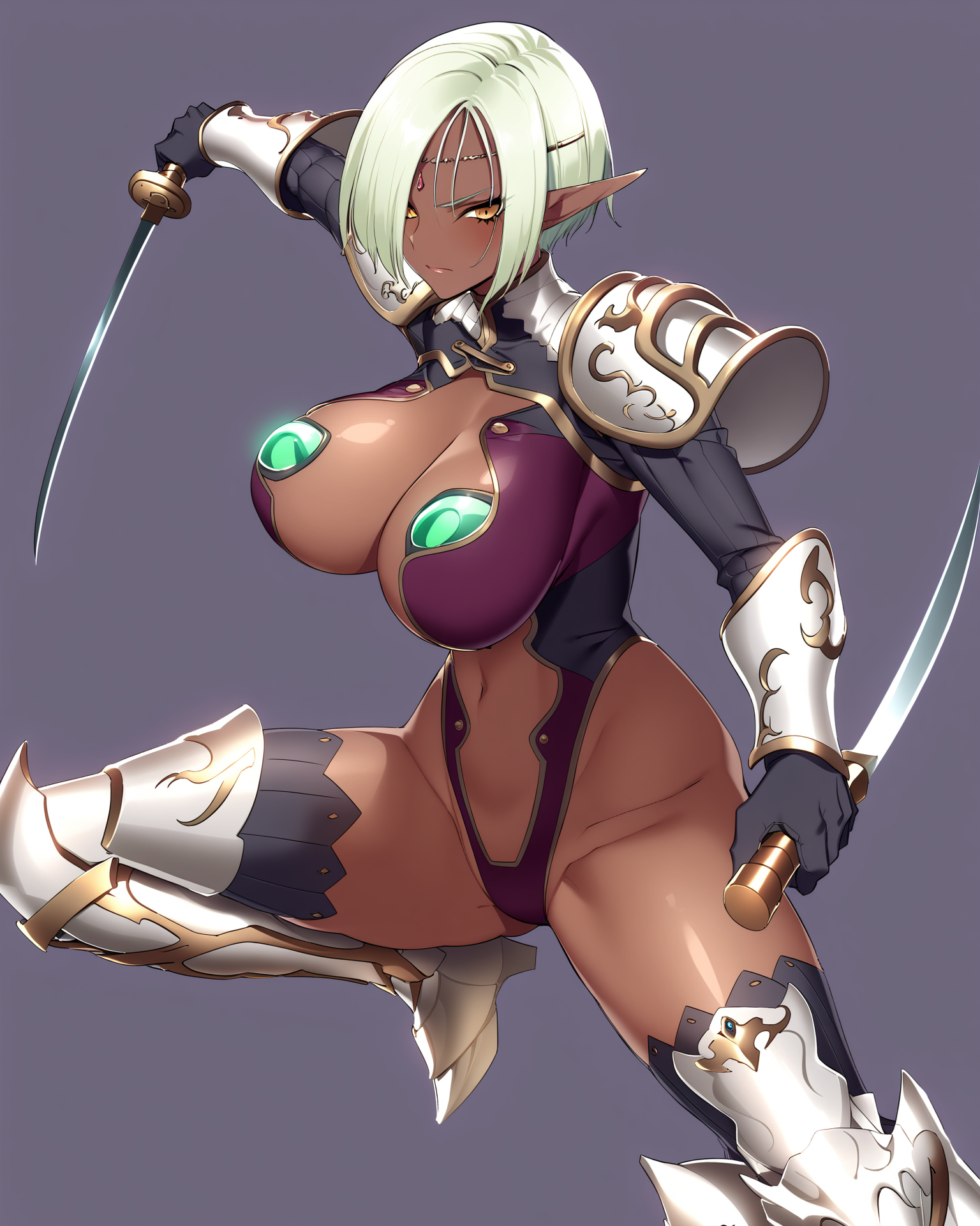 masterpiece, best quality, absurdres, very aesthetiuc, 1girl, solo, ViolaAuris, dynamic pose, holding knife, dual wielding, va's shrug \(clothing\) with shoulder pads, va's leotard, va's armored boots, va's arm guards, va's ribbed thighhighs, va's circlet, va's armored boots, fighting stance, by mochizuki kei, simple background, <lora:v-s-e-n-anxl-000079:0.75>, <lora:MeMaPA:0.7>,