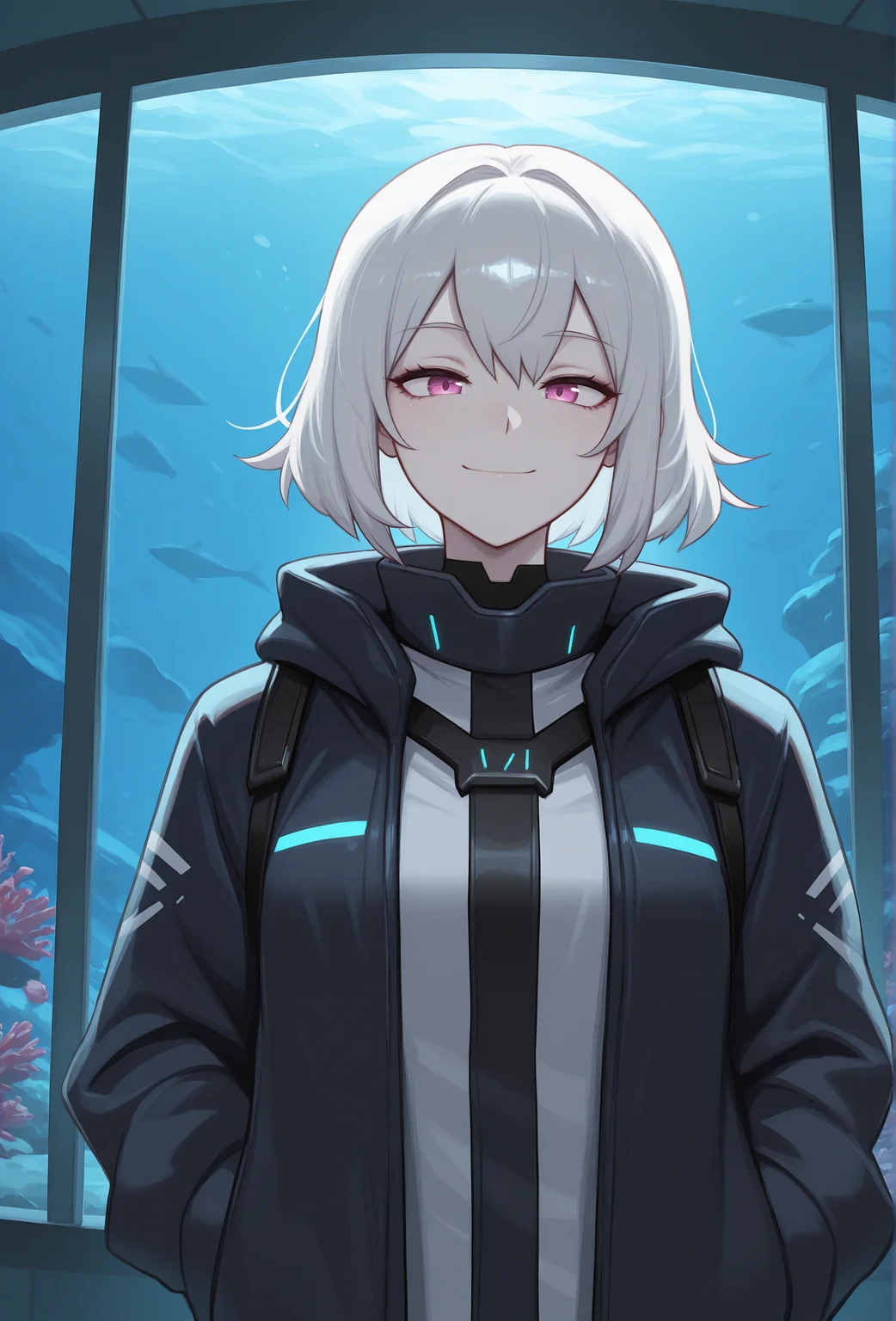 (masterpiece, best quality, very aesthetic, absurdres:1.2), 1girl, science fiction, aquarium, pale skin, white hair, straight-on, jacket, looking at viewer, smile, <lora:dross_style_illustrious_v1:1> drstyle