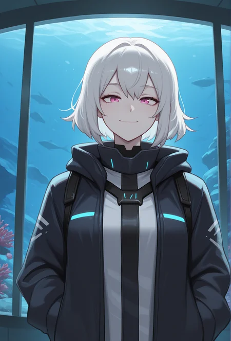 (masterpiece, best quality, very aesthetic, absurdres:1.2), 1girl, science fiction, aquarium, pale skin, white hair, straight-on, jacket, looking at viewer, smile, <lora:dross_style_illustrious_v1:1> drstyle