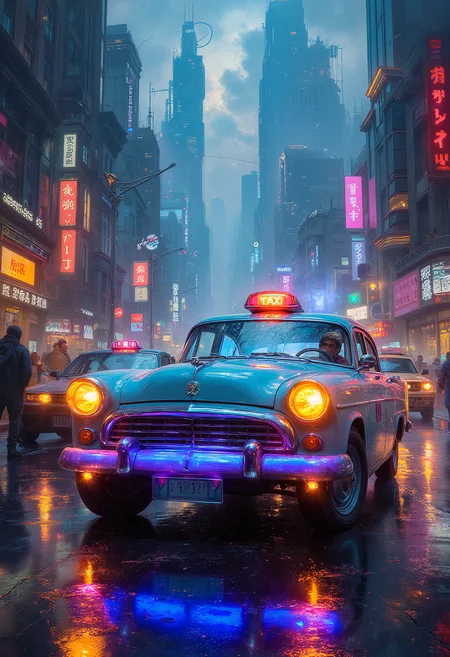 Futuristic Taxi with no driver, a futuristic city, a unique angle view, epic scenery, vibrant glow