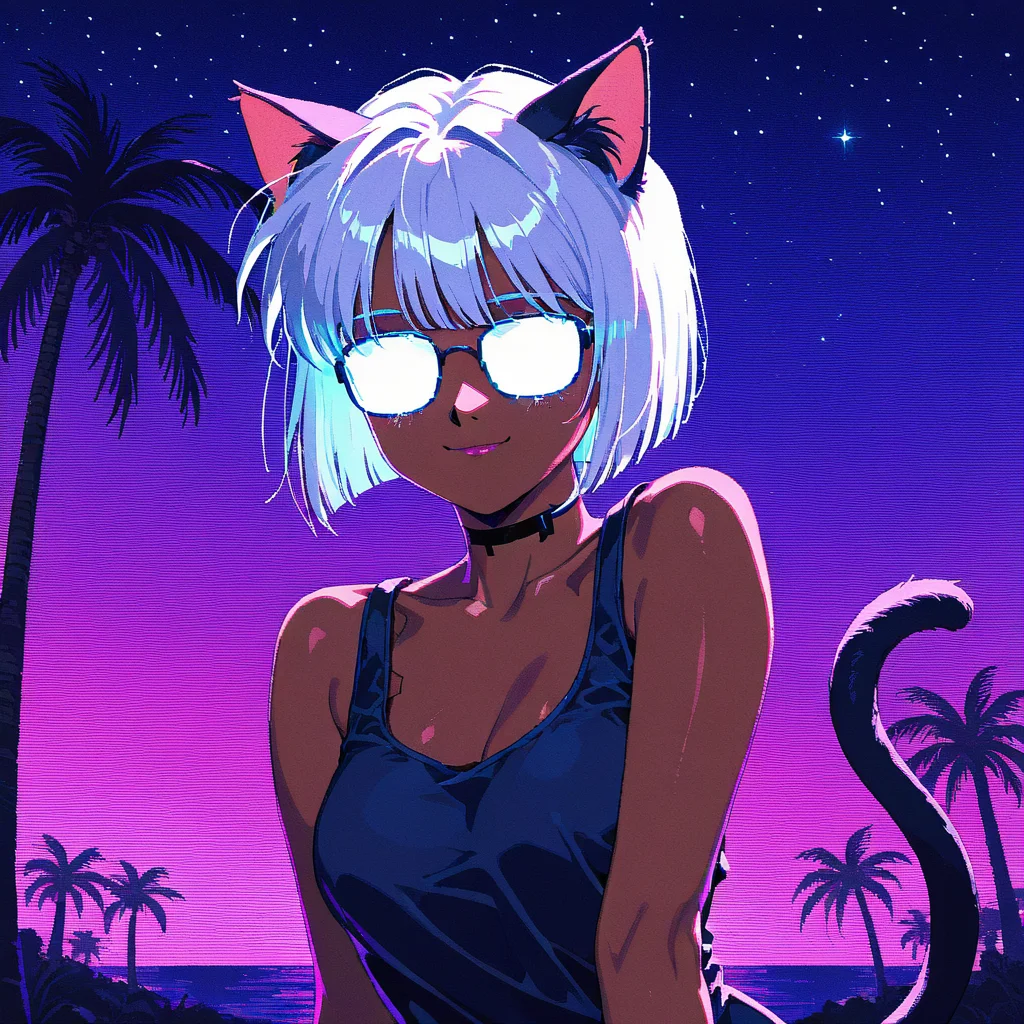 masterpiece,glasses_on, glowing_glasses,wearing glasses, glowing lenses, hand gesture,
1girl, solo, 1girl, dark skin, cat ears, tail, blue eyes, white hair, short hair, bob cut,  palm trees, sundown, starry night,pixel art, 90s anime, 90s aesthetic, vintage gui, limited palette, cga palette, anime pixel art, neon colors, cyberpunk, vaporwave, scanlines, pixel shading, pixel perfect, slight smile,
, <lora:glasses_illus:0.9>,