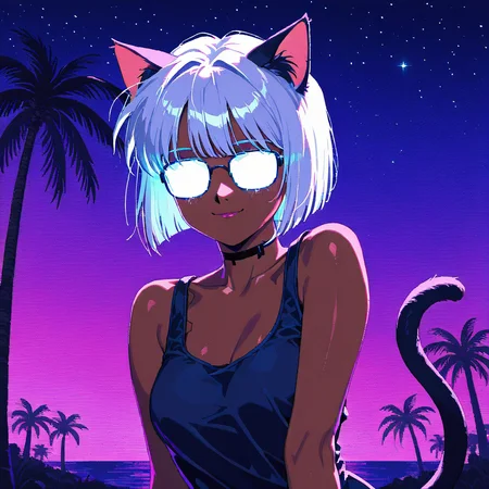 masterpiece,glasses_on, glowing_glasses,wearing glasses, glowing lenses, hand gesture,
1girl, solo, 1girl, dark skin, cat ears, tail, blue eyes, white hair, short hair, bob cut, palm trees, sundown, starry night,pixel art, 90s anime, 90s aesthetic, vintage gui, limited palette, cga palette, anime pixel art, neon colors, cyberpunk, vaporwave, scanlines, pixel shading, pixel perfect, slight smile,
, <lora:glasses_illus:0.9>,