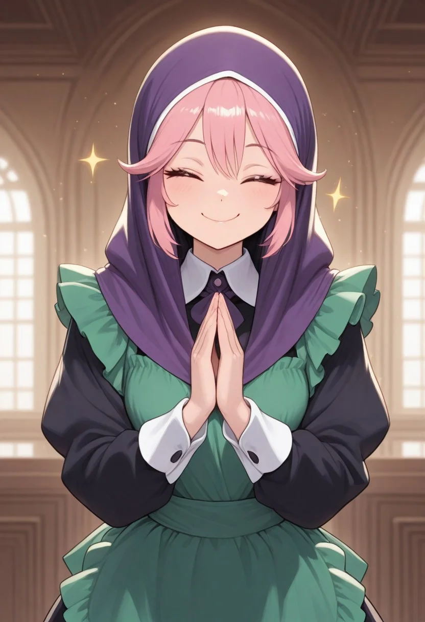 masterpiece, best_quality, absurdres, solo, 1girl, CivChan, closed_eyes, pink hair, green_maid_apron, detached_collar, wrist_cuffs, smile, looking_at_viewer, green_theme, mosque_background, (hijab:1.3), (prayer_hands:1.2), (namaste:1.2), anjali, mosque, hand press together, natural skin <lora:CivChan:1>