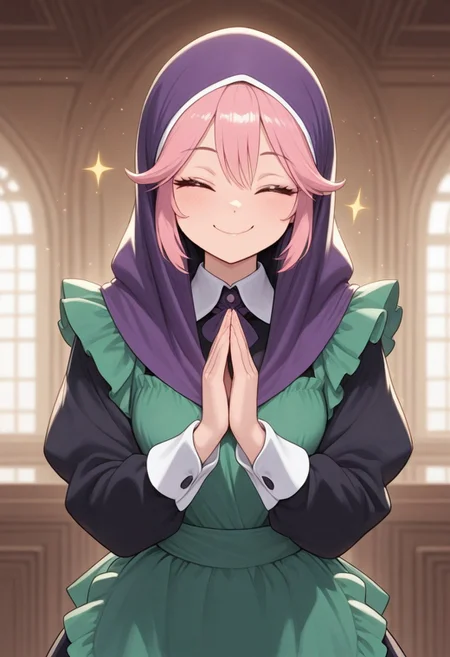 masterpiece, best_quality, absurdres, solo, 1girl, CivChan, closed_eyes, pink hair,  green_maid_apron, detached_collar, wrist_cuffs, smile, looking_at_viewer, green_theme, mosque_background, (hijab:1.3), (prayer_hands:1.2), (namaste:1.2), anjali, mosque, hand press together, natural skin <lora:CivChan:1>