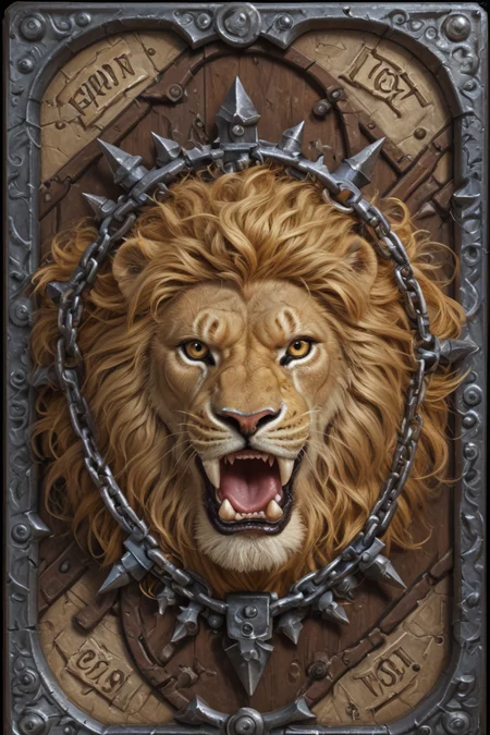 score_9,score_8_up,score_7_up,
hyper-detailed, masterpiece, best quality,realistic details,
cards, tarot, graphic border, illustrative, obsidian, skeuomorphism, detailed, upper body, yellow lion, wild, open mouth, iron chain,
fantasy classic,
<lora:sdxl_lightning_8step_lora:1>
<lora:DM_CB:1>