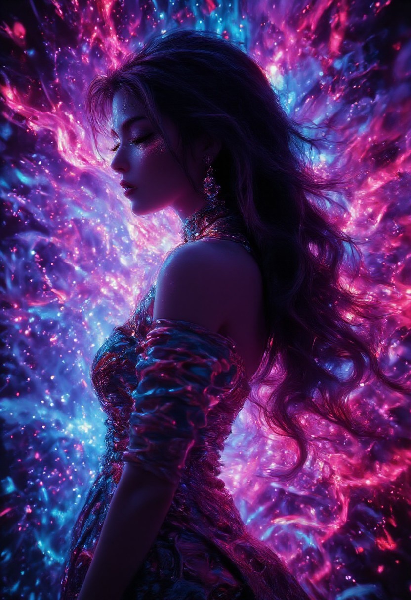 aidmaGlow, Midjourney_Whisper, side view of stunning oriental woman, long flowing hair, silk cocktail dress, splashing, abstract, psychedelic, neon, abstract background, great lighting.