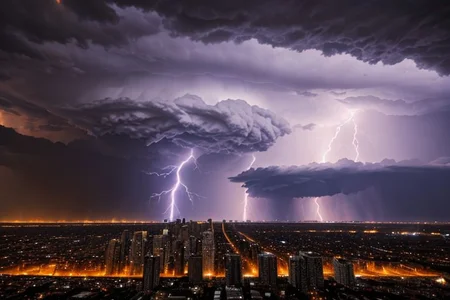 a burning city, thunderstorm, end of days