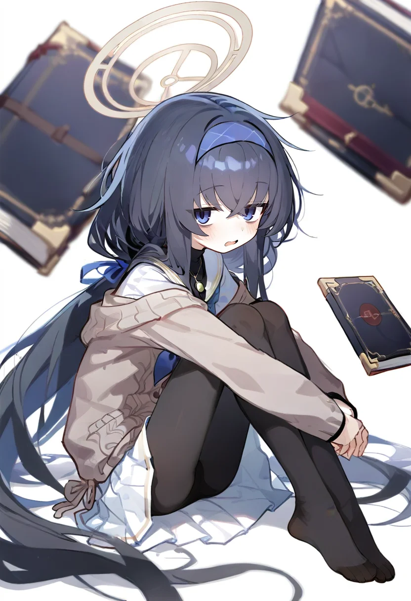 1girl, ui \(blue archive\), blue archive, black hair, black pantyhose, black undershirt, blue eyes, blue hairband, blue neckerchief, blush, brown cardigan, cardigan, feet, hairband, halo, jewelry, knees up, legs, long hair, long sleeves, neckerchief, no shoes, open mouth, pantyhose, pendant, pleated skirt, sailor collar, school uniform, serafuku, simple background, skirt, solo, toes, undershirt, white background, white sailor collar, white skirt, hands on own knee, sweater, crossed ankles, full body, bags under eyes, hair between eyes, sitting, very long hair, ribbon, blue ribbon, yellow halo, looking at viewer, sidelocks, book, low twintails, necklace, twintail, brown sweater <lora:n_XL_il_lokr_V531:0.95>