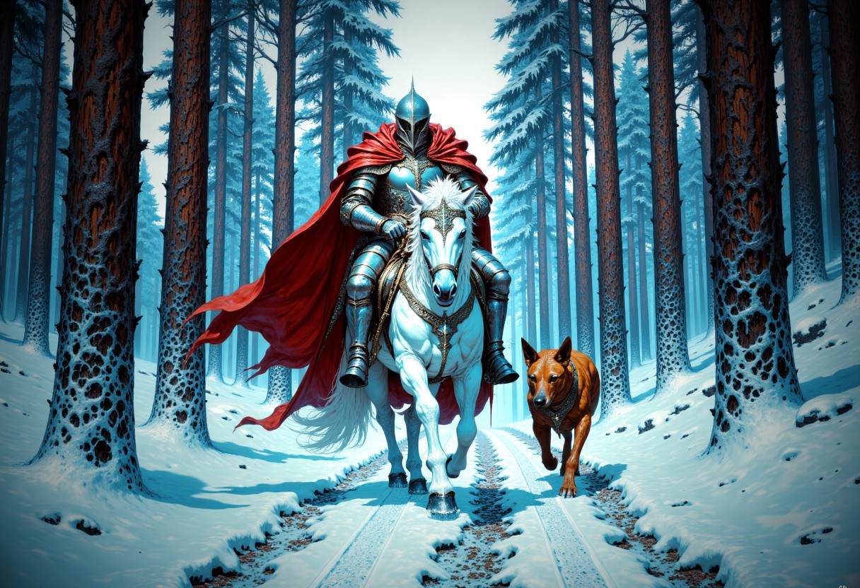 A candid, photographic, hyper-realistic, 4k, realistic photograph, properly lit, vibrant image of a knight in silver armor wearing a red cloak, riding a white horse, accompanied by a brown hound are travelling through a snowy forest of towering red leafed pines..