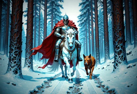 A candid, photographic, hyper-realistic, 4k, realistic photograph, properly lit, vibrant image of a knight in silver armor wearing a red cloak, riding a white horse, accompanied by a brown hound are travelling through a snowy forest of towering red leafed pines..