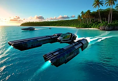 a dark blue/light blue (WipEout anti-gravity craft), (split-front:1.3),  flare, jet trail that has landed in the waters of a lagoon, floating in the sea, tropical island, blue sky, sunset, sharp, high detailed, realistic, sleek, scifi