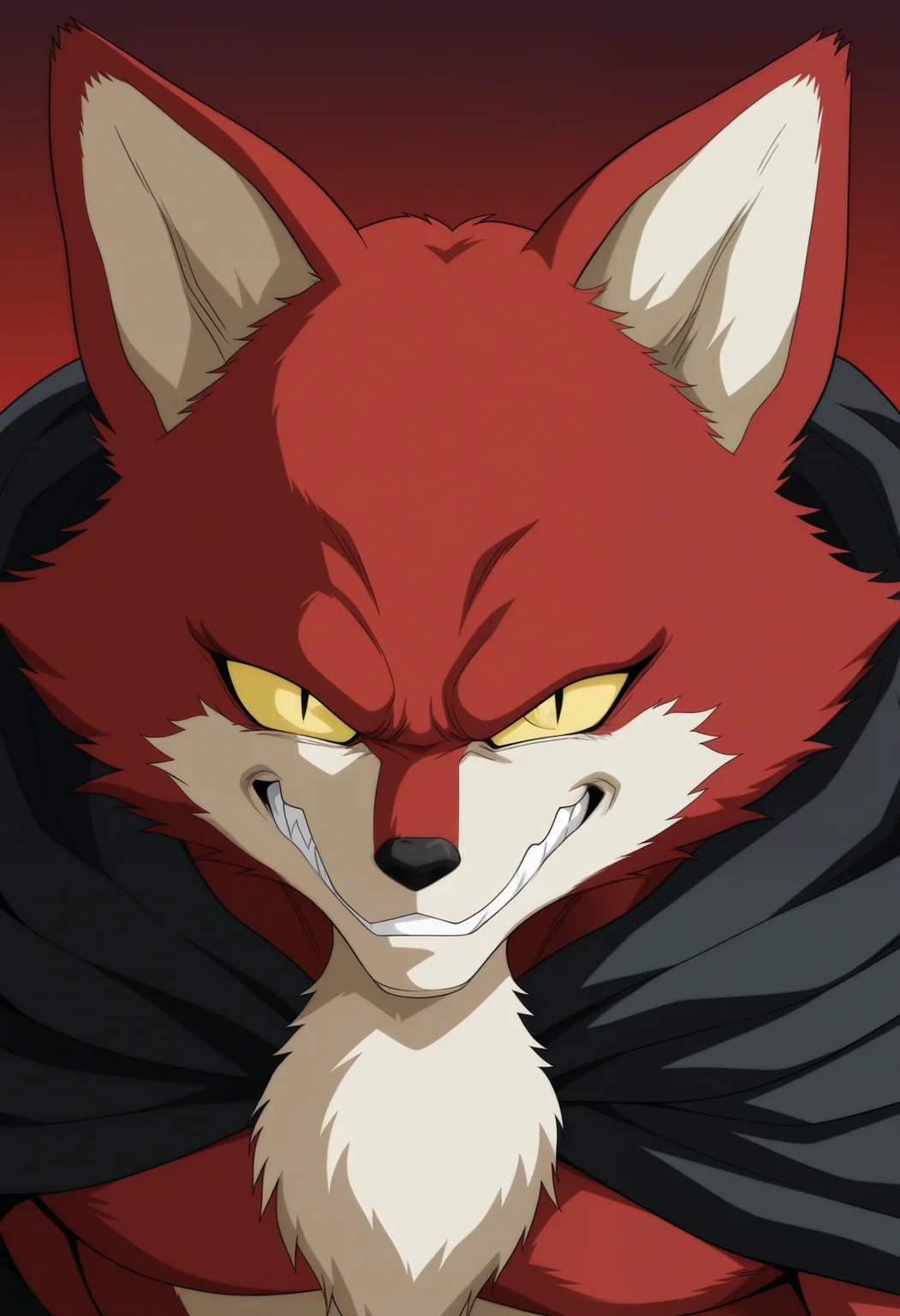 masterpiece,best quality,amazing quality, 1boy, solo, b4s1l, fox boy, red fur, yellow sclera, slit pupils, black cape, evil smile, close up, side angle, looking towards viewer,
