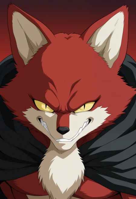 masterpiece,best quality,amazing quality, 1boy, solo, b4s1l, fox boy, red fur, yellow sclera, slit pupils, black cape, evil smile, close up, side angle, looking towards viewer,