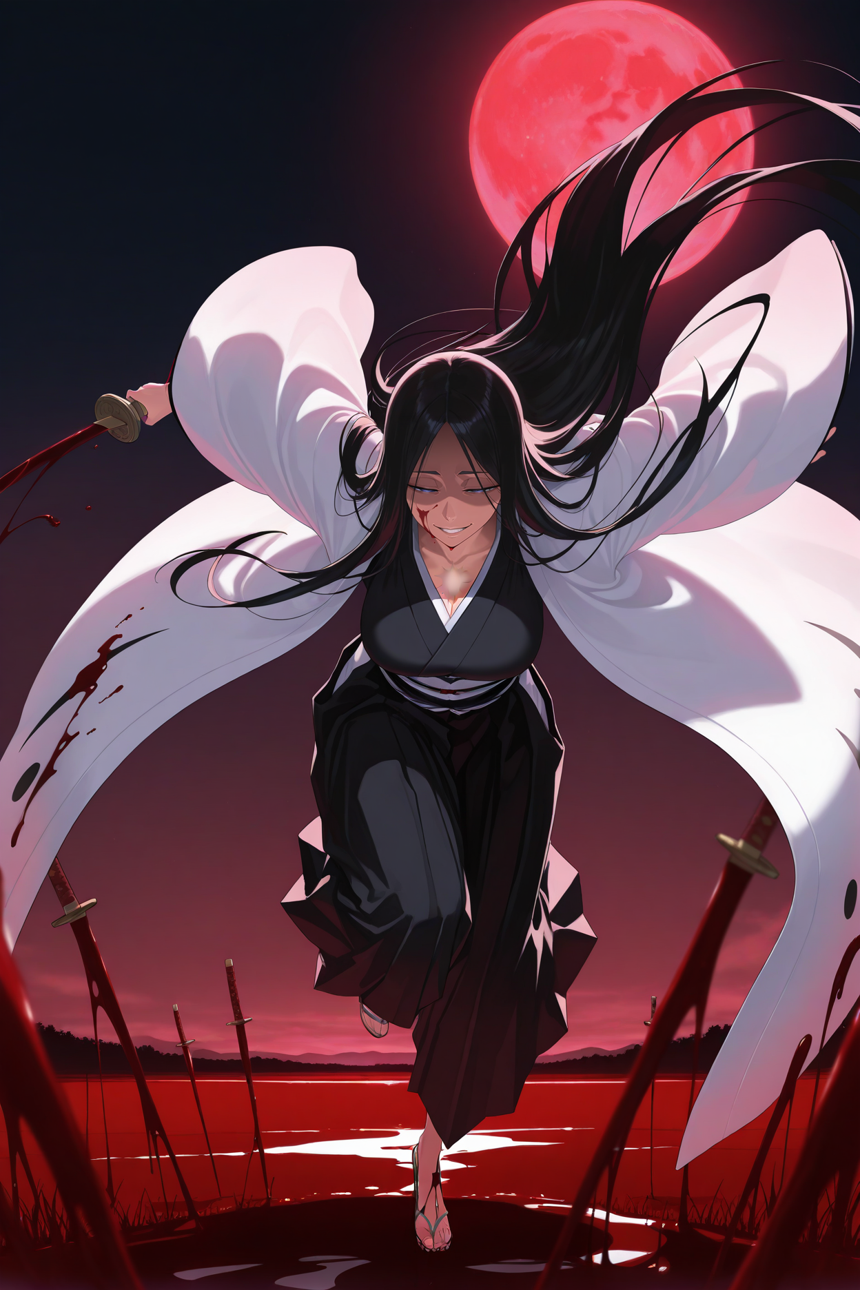 masterpiece, best quality, 1girl, solo, <lora:unohanaretsu-illu-nvwls-v1_1-000007:1> yach1ru, black hair, very long hair, dark blue eyes, large breasts, scar on chest, white haori, wide sleeves, black kimono, obi, black hakama, sandals, blood on body, blood on face, grin, shaded face, half-closed eyes, holding sword, dynamic pose, night sky, field, red moon