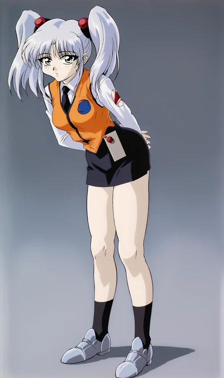 RH, 1girl, solo, silver hair, twintails, yellow eyes, hair bobbles, white collar shirt, black necktie, long sleeves, orange vest, black skirt, black socks, shoes, full body, standing, leaning forward, looking at viewer, arms behind back, simple background, retro artstyle, anime coloring, gradient, <lora:Ruri Hoshino Pony XL:1>