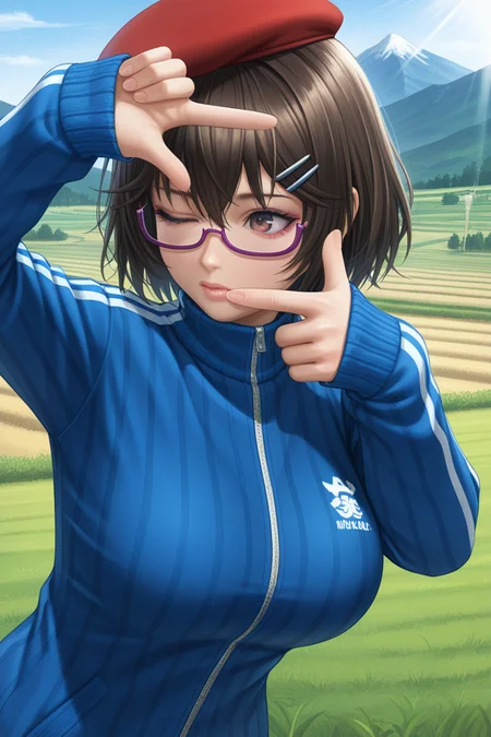 masterpiece,best quality,amazing quality,very absurdres, aesthetic,newest,impractical,ultra detail,upper body,
tsukushi \(doa\),1gril,solo,bob cut, hair between eyes, messy hair,hairclip, double hairclip, glasses, under-rim eyewear, semi-rimless eyewear, purple-framed eyewear,red beret
standing, finger frame, looking away,one_eye_closed,track suit, turtleneck, striped clothes, vertical-striped clothes, double vertical stripe, blue stripes, jacket, blue jacket, striped jacket, track jacket, zipper, zipper pull tab, long sleeves, sleeves past wrists, breasts, large breasts, upper body, from side, realistic,
sky,mountain,farmland,sunlight,
<lora:doa_tsukushi_noobxl_vpred10_v10:1.0>