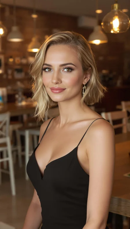 "Full-body shot of a beautiful Russian woman with golden blonde hair, light brown eyes, and a sharp nose,  dressed in a sleek black evening gown, standing under soft warm lighting, natural expression, slight smile, background of wooden tables and coffee machines." (hyperrealistic:1.3), (photorealistic:1.2), cinematic lighting, ultra-detailed body features.” straight ahead in a calm expression, (hyperrealistic:1.3), 8k resolution, high dynamic range, 
