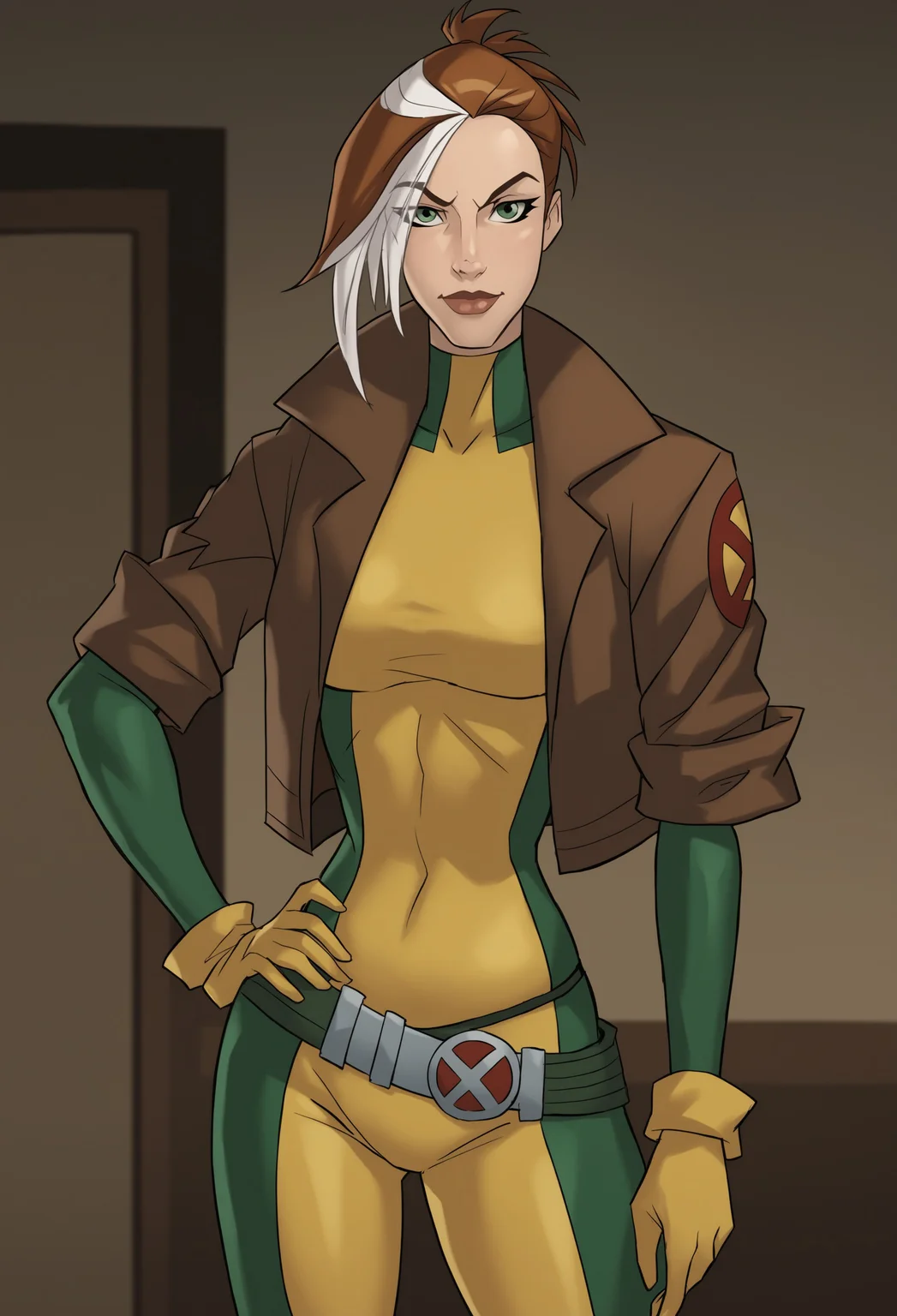 safe_pos, PonyScores6 BREAK (((parody)), perfect anatomy, cowboy shot), anna marie, multicolored hair, two-tone hair, brown hair, white hair, green eyes, flirting, sultry eyes, raised eyebrow, ((looking at viewer)), bodysuit, jacket, gloves, belt, curvy, toned, athletic, hands on hip, sexually suggestive pose, indoors