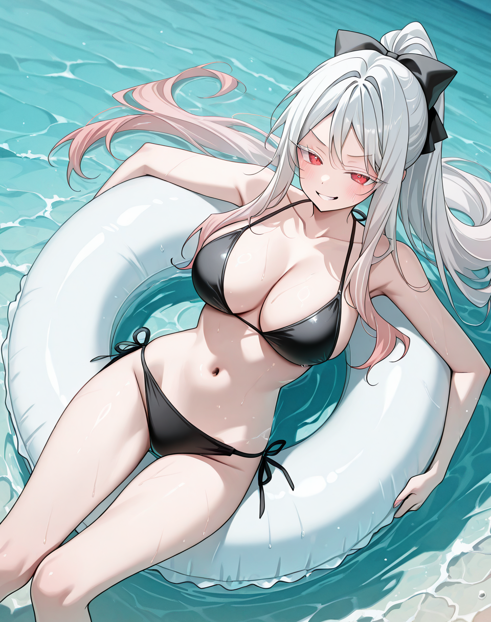 hongbiyeon, red eyes, gradient hair, white hair, long hair, white eyelashes, 1girl,large breasts,ponytail, black hairbow, black bikini BREAK outdoors, ocean, from above, water, sea BREAK floating above water, smug face, on back, lying on swim ring, innertube, BREAK masterpiece, best quality), amazing quality, absurdres, highres, newest, HDR, 8K, solo,<lora:Hong_Biyeon:0.8> <lora:Rabbit_pose:0.8><lora:clenched teeth_illustrious_V1.0:0.6>