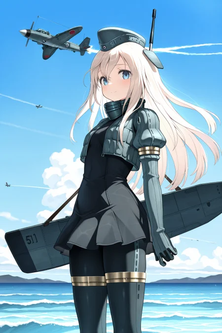 (masterpiece, best quality:1.2), amazing quality, very aesthetic, absurdres, perfect detail,
fleet, flight deck, ocean, blue sky,
standing, light smile,
u-511 \(pump\), military uniform, garrison cap, cropped jacket, puffy sleeves, long sleeves, gloves, black dress, black pantyhose,
<lora:XL_Ill_kancolle-u511(pump)-t2:0.9>