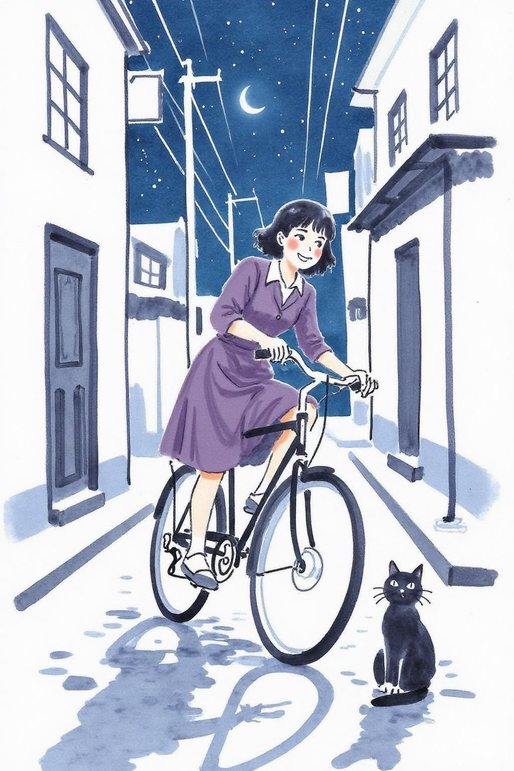watercolor illustration. 
A Japanese school girl riding a old style bicycle through a narrow, quiet street at night. The happy woman wears a simple, flowing purple dress. In the corner, a small black cat with piercing eyes sits watching her quietly. The mood is tranquil and slightly magical.  <lora:minink1_cap_d6a3e12:1.0><lora:825134028970620121:0>
