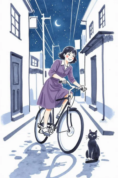 watercolor illustration.
A Japanese school girl riding a old style bicycle through a narrow, quiet street at night. The happy woman wears a simple, flowing purple dress. In the corner, a small black cat with piercing eyes sits watching her quietly. The mood is tranquil and slightly magical. <lora:minink1_cap_d6a3e12:1.0><lora:825134028970620121:0>
