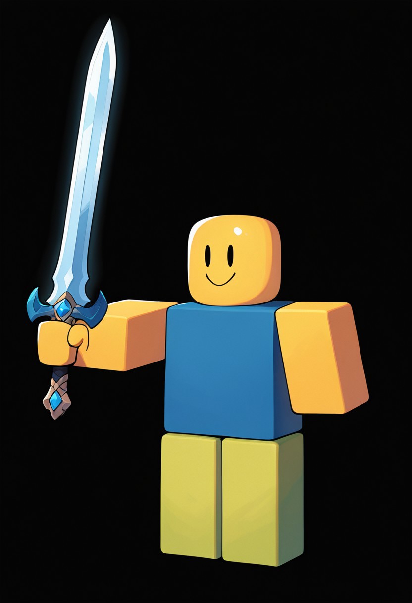masterpiece, best quality, amazing quality, very aesthetic, absurdres, newest,
black background, holding sword, straight arm,
noob, solo, smile, colored skin, yellow skin, 1boy, yellow block arms, green block legs, round head, , closed mouth, blue shirt, green pants, solid oval eyes, sleeveless,