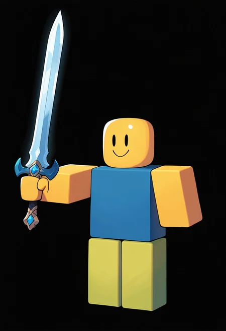 masterpiece, best quality, amazing quality, very aesthetic, absurdres, newest,
black background, holding sword, straight arm,
noob, solo, smile, colored skin, yellow skin, 1boy, yellow block arms, green block legs, round head, , closed mouth, blue shirt, green pants, solid oval eyes, sleeveless,
