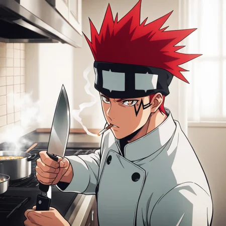 masterpiece, best quality, amazing quality, absurdres, newest, detailed background, definition so sharp, Ultra-HD, 8K cinematic, very awa, impressionate, amazing quality, highres,
solo, male focus, manly,
1boy, d0tb_red hair, d0tb_brown eyes, d0tb, spiked hair, facial tattoo, headband, smoking, smoke,
cooking, holding knife, determined expression, steam, kitchen, vibrant colors, chef's uniform, hot-blooded, energetic, playful, cool, focused, sparkling eyes,