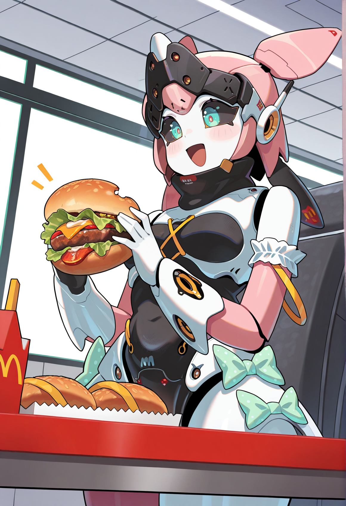 1girl, solo, robot girl, humanoid robot, robot joints, metal skin, aqua eyes, black sclera, mechanical hair, robot ears, green bow, armlet, frills, indoors, mcdonald's, holding hamburger, smile, open mouth, happy <lora:yutane_johiel_ZZZ:1>, masterpiece, best quality, amazing quality, very aesthetic, absurdres, highres, newest