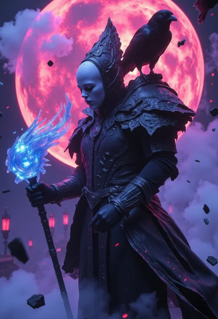 A cinematic, high-quality upper-body close-up portrait of a Heroic Mage, enveloped in swirling neon mist. He wears a flamboyant, dystopian-elegant ensemble, a fusion of ornate past eras and futuristic decay—high-collared, asymmetrical layers of metallic-threaded fabric, adorned with intricate filigree and tattered arcane symbols, shimmering faintly in the dim light. A black raven perches on his shoulder, its sharp eyes gleaming against the desolate, storm-ravaged landscape. His long, tattered cape flows behind him, merging with the milky haze that drifts through the air. In his hands, he holds a massive staff crafted from bluish translucent glass, its intricate form catching the dim, eerie light. Flying debris swirls around him as heavy, turbulent clouds loom overhead, casting an ethereal glow over the scene. mmstyle, neon-mist, ethdysty, hkmagic