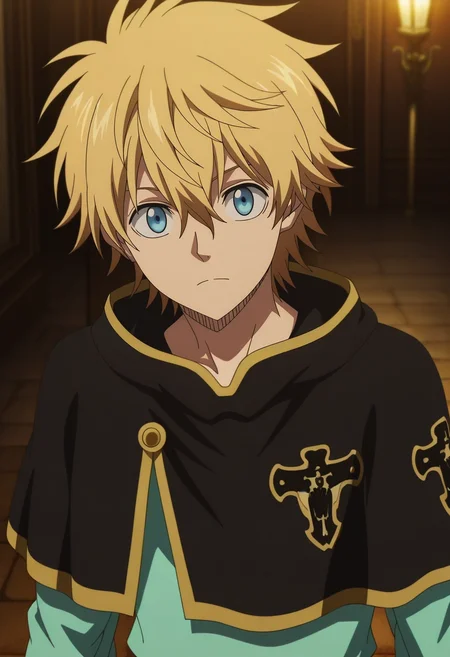 masterpiece, best quality, , anime screencap, anime coloring, , looking at viewer, 1boy, solo, male focus, <lora:luck_voltia_ilxl:0.92>, luck_voltia, blonde hair, blue eyes, short hair, hair between eyes, , capelet, ,