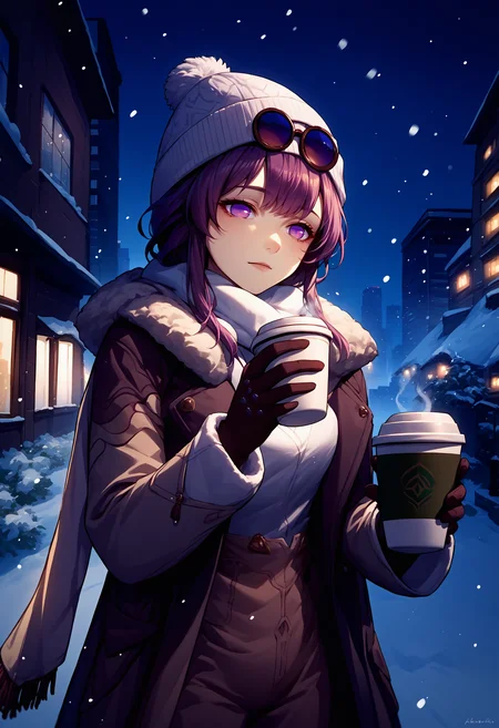 score_9, score_8_up, score_7_up, source_anime, 1girl, kafka, purple eyes, bangs, eyewear on head, <lora:Kafka_XLPD:1>, winter clothes, beanie, scarf, coat, pants, gloves, holding, coffee cup, outdoors, night, snowing, skyline