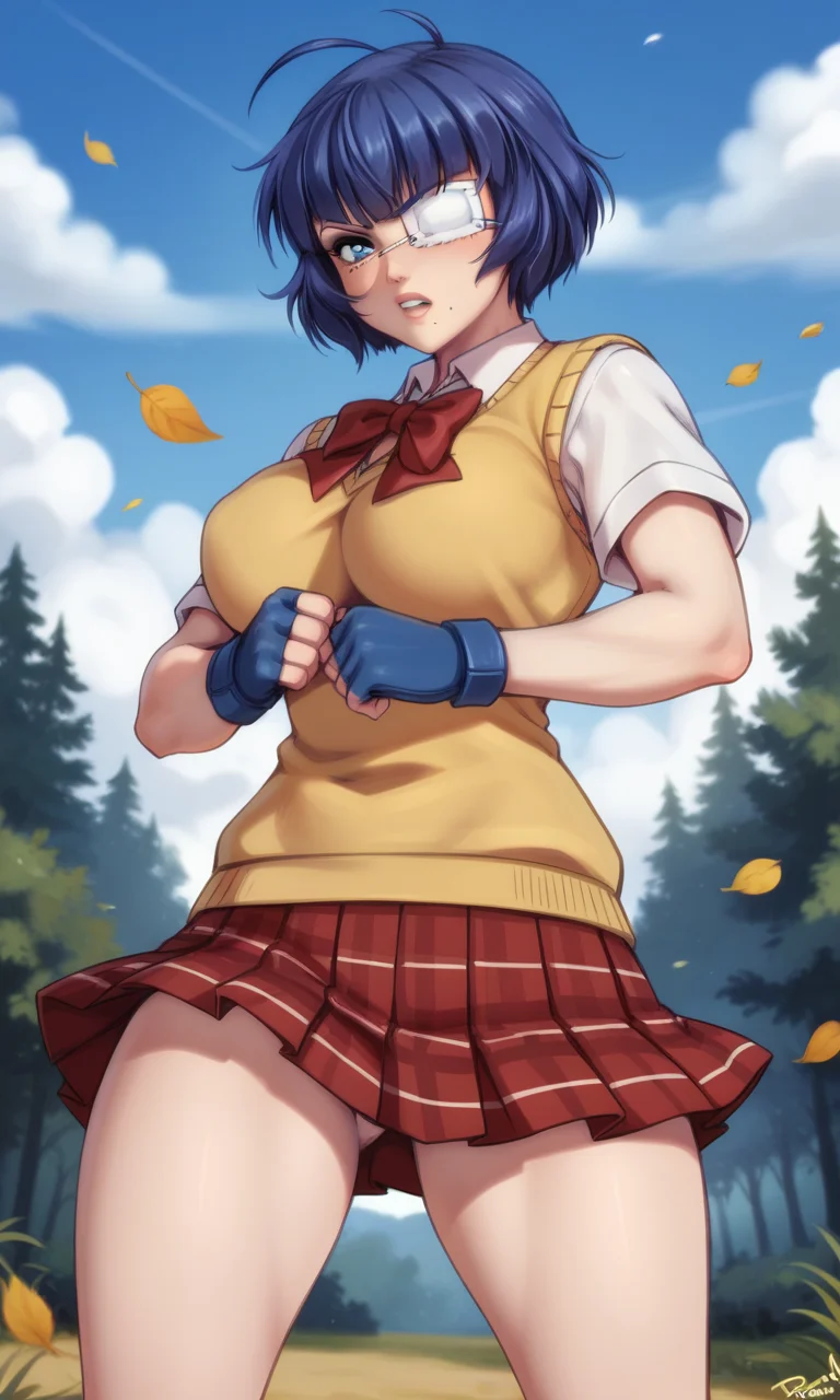 score_9, score_8_up, score_7_up,  source_anime, personal_ami, <lora:ryomou_shimei:1> ryomoxl, short hair, ahoge, blue hair, medical eyepatch, one mole under mouth, blue eyes, large breasts, school uniform, yellow sweater vest, collared shirt, white shirt, short sleeves, miniskirt, red skirt, pleated skirt, plaid skirt, blue gloves, fingerless gloves,  outdoors, nature, fighting stance, fighting, angry, serious,  v-shaped eyebrows, looking at viewer, wind, leaves, cowboy shot, intricate details
