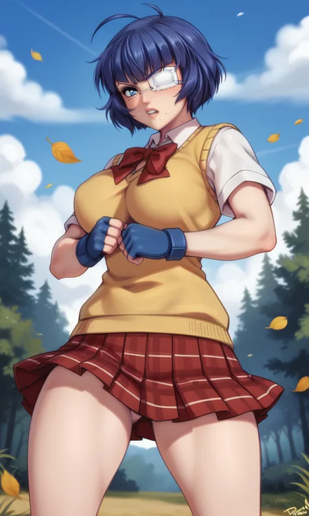 score_9, score_8_up, score_7_up,  source_anime, personal_ami, <lora:ryomou_shimei:1> ryomoxl, short hair, ahoge, blue hair, medical eyepatch, one mole under mouth, blue eyes, large breasts, school uniform, yellow sweater vest, collared shirt, white shirt, short sleeves, miniskirt, red skirt, pleated skirt, plaid skirt, blue gloves, fingerless gloves,  outdoors, nature, fighting stance, fighting, angry, serious,  v-shaped eyebrows, looking at viewer, wind, leaves, cowboy shot, intricate details
