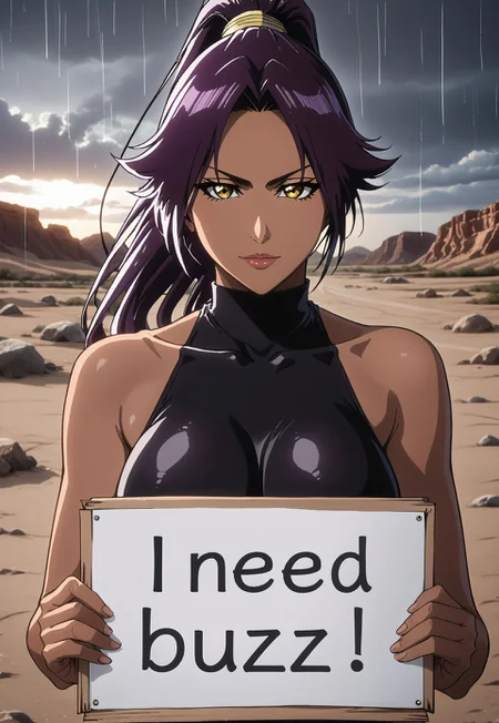long hair, black pupils, purple hair, ponytail, dark skin, dark-skinned female, high ponytail, yellow eyes, high ponytail, high definition, detailed eyes, TiteKuboStyle, TiteKuboAnimeStyle, BleachTybwStyle, vslinxbleachtybw.
OUTFIT: bare shoulders, leotard, black leotard, black thighhights, highres, high quality, best quality, volumetric lighting, UHD, skin texture, skin detail, high quality skin, highly detailed, large breasts, perfect body.
BEHAVIOR: mature female,focus face, bent forward, close shor, close up, make-up, seductive smirk, sexy lips, yellow aura, glow aura (yellow), need_buzz, holding sign, "BUZZ ME", (need_buzz, holding sign), ((holding cardboard sign that says "BUZZ ME"))
BACKGROUND: darkness,outdoor, desert, storm, lighting (purple), rain, Venetian lights, partially covered in shadow,nose shadow, blurry background,grey clouds, bad weather, grey sunset, lots of wind, wind in her hair, cherry trees.