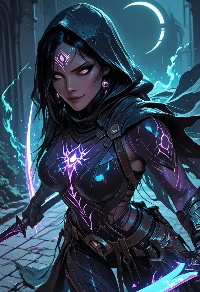 (masterpiece), (best quality), 8k, 1girl, celestial assassin, intense low lighting, glowing crescent blades, purple glow, dual-wielding, shadowed face, glowing eyes, dark eclipse sky behind her, glowing voidlight aura, Void crown, mystical sigils on ground, long flowing cloak fluttering, sci-fi fantasy armor with celestial patterns, moonlit silhouette, cinematic perspective, ethereal particles, radiant eclipse corona, sleek asymmetrical hairstyle, atmosphere of silent finality, black eyeshadow, Void Flames,
Action Shot, Slashing blades, Fierce expression, smirk, partical effects, dynamic, Dynamic position, Dynamic angle,
Unique, close up, cowboy shot, dutch angle, foreshortening,
Close up, Face Focus, Looking at viewer,