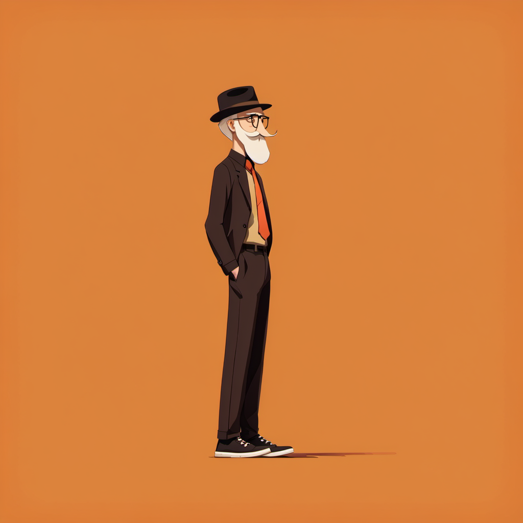 <lora:xuehua:1>,xh,1boy,male focus,solo,facial hair,old man,old,mustache,glasses,hat,necktie,black footwear,black necktie,beard,simple background,pants,black headwear,orange background,shoes,hands in pockets,from side,full body,white hair,standing,black pants,profile,black-framed eyewear,brown background,long sleeves,