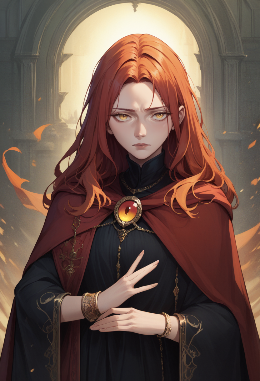 score_9, score_8_up, score_7_up, 1girl, LnrPrncssRnn, yellow eyes, long hair, red hair, cloak, jewelry, black dress, long sleeves, red cape, bracelet, <lora:RanniLunarPrincess_pdxl_Incrs_v1:1>