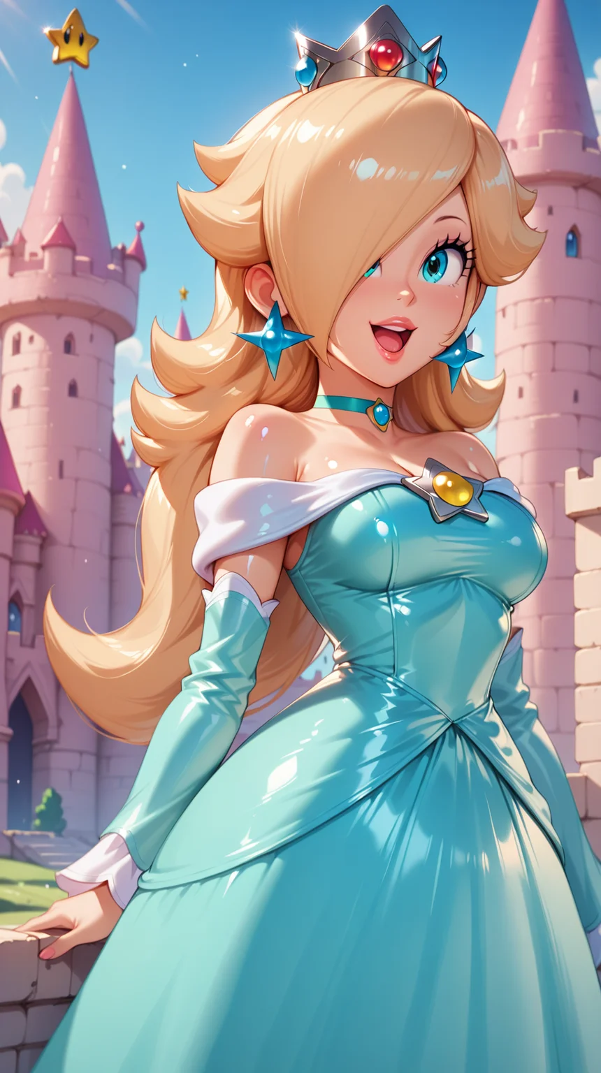 <lora:Princess_Peach_Shiny_Style_V3.0_Illustrious:0.7>,princess rosalina,1girl,solo,jewelry,earrings,long hair,breasts,very long hair,big hair,choker,dress,medium breasts,bare shoulders,:d,outdoors,smile,open mouth,shiny,shiny skin,castle,teeth,tongue,