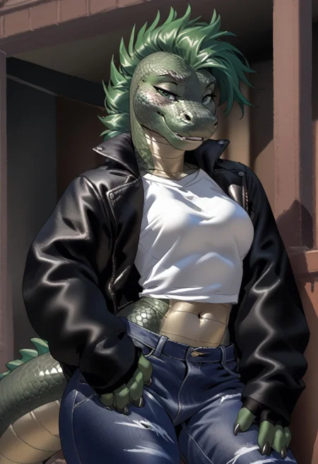 score_9, score_8_up, score_7_up, (by jailbird:1.5), (by kittydee:1.5), (by zummeng:1.5), masterpiece, best quality, (solo),
 (Furry Art : Anthro : komodo dragon:1.5), transgirl, expressive eyes, feminine eyes, <lora:beautiful_detailed_eyes:1>, perfect face, feminine face, (beautiful green hair:1.5), reptile, exotic lizard, scaly skin, (mohawk hair:1.5), feminine body, medium breasts, (flat belly:1.3), (wide hips:1.4), (slim waist:1.2), (thick thighs:1.4), (graphic t-shirt:1.5), (ripped black jeans:1.5), (safety pins in clothes:1), (fingerless gloves:1.5), (leather jacket:1.5), (green eyes),