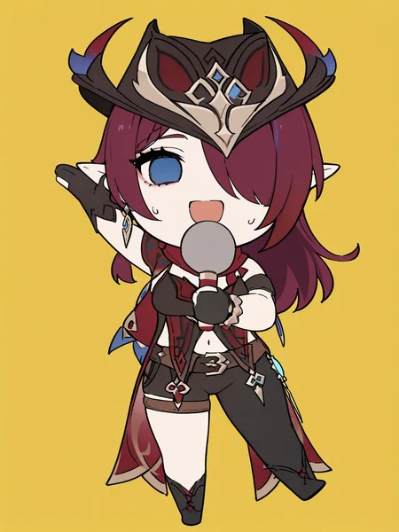 masterpiece, best quality, good quality, detailed, 1girl, solo
<lora:Chasca_ILXL:1> chasca \(genshin impact\), eyelashes, long hair, blue eyes, purple hair, braid, red hair, multicolored hair, hair over one eye, one eye covered,
gloves, hat, jewelry, earrings, pointy ears, black gloves, belt, fingerless gloves, scarf, bracelet, thigh strap, helmet, red scarf, partially fingerless gloves, navel cutout, asymmetrical clothes, pants, single pantsleg,
<lora:Tetoris2:1> smile, open mouth, simple background, holding, :d, sweat, sweatdrop, yellow background, arm up, pose, empty eyes, microphone, full body, standing on one leg, chibi